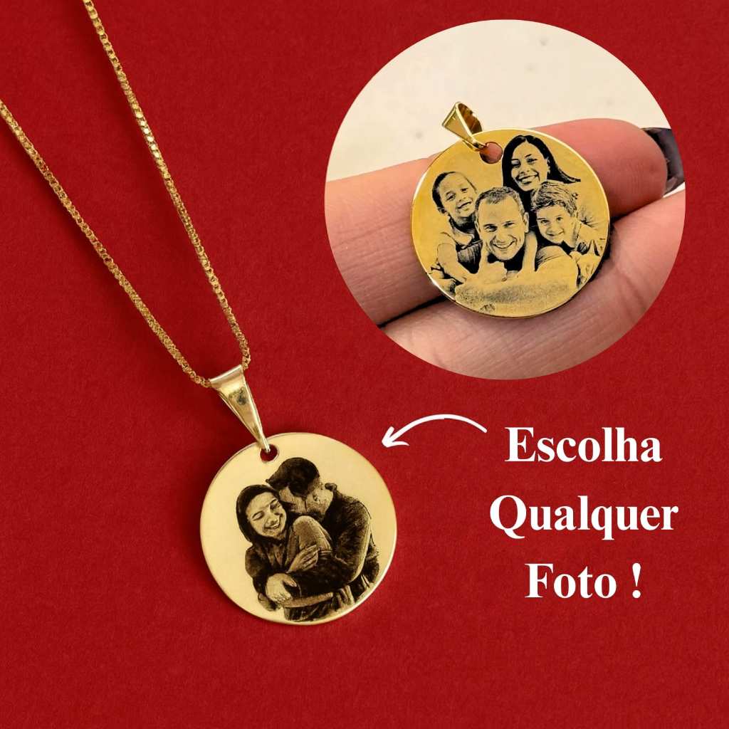[SEMI JOIA] Colar Personalizado Feminino 17mm Foto Gravação 45cm Banho Ouro 18k Acessórios Presente Dia das Mulheres