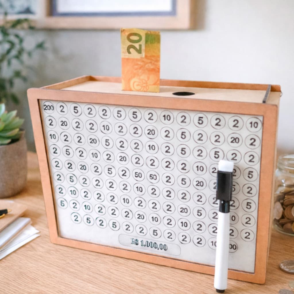 Cofre MDF Desafio 10 Mil 5 Mil 1 Mil Personalizado Com Caneta Caixa De Dinheiro Decorativa Organizadora Metas Financeira